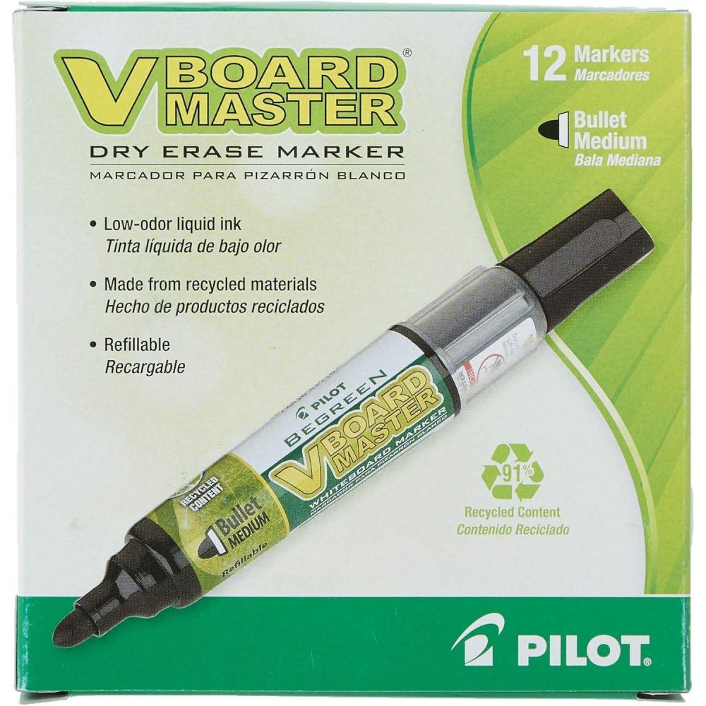 imagePILOT V Board Master BeGreen Refillable White Board Markers Bullet Tip Red Ink 12 CountBlack
