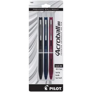 PILOT Acroball 300 Premium Refillable & Retractable Ball Point Pen, Assorted Color Barrels, Fine Point, Black Ink, 3-Pack (13625)