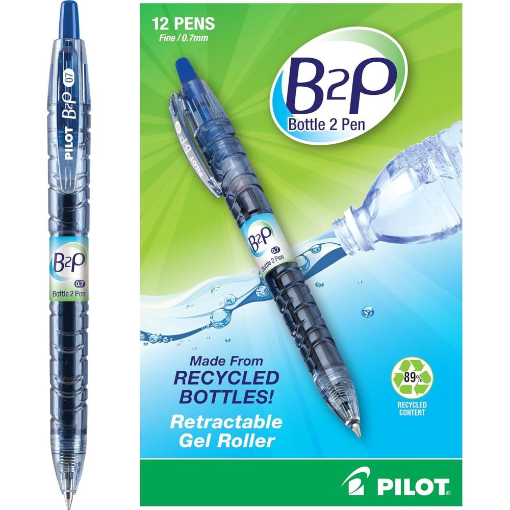 imagePILOT B2P  Bottle to Pen Refillable ampamp Retractable Rolling Ball Gel Pen Made From Recycled Bottles Fine Point Blue G2 Ink 12Pack 31601Blue