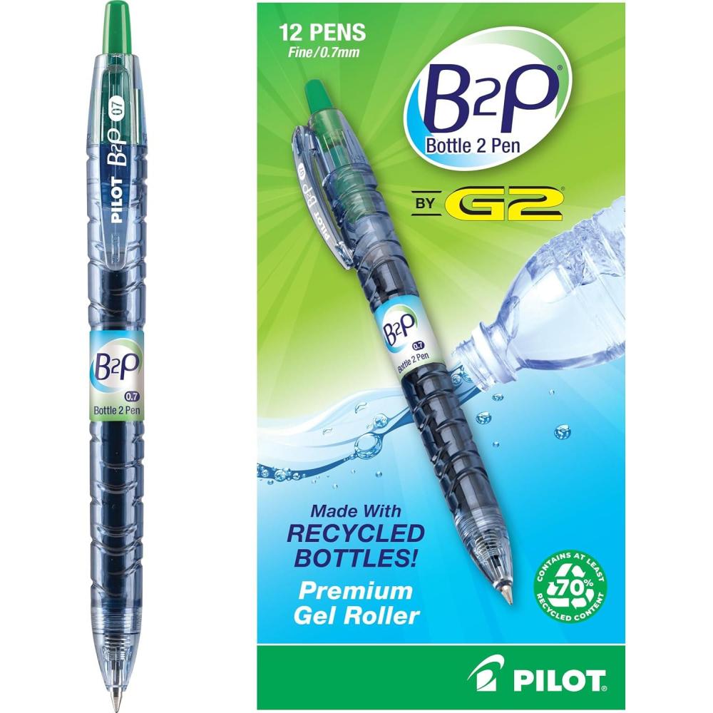 imagePILOT B2P  Bottle to Pen Refillable ampamp Retractable Rolling Ball Gel Pen Made From Recycled Bottles Fine Point Blue G2 Ink 12Pack 31601Green