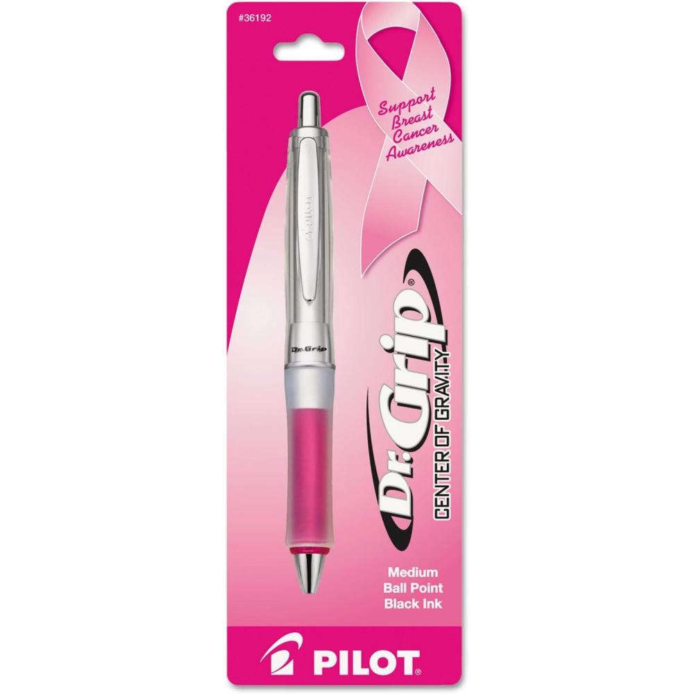 imagePILOT Dr Grip Center of Gravity Refillable ampamp Retractable Ballpoint Pen Medium Point Pink Grip Black Ink Single Pen 36182SilverPink