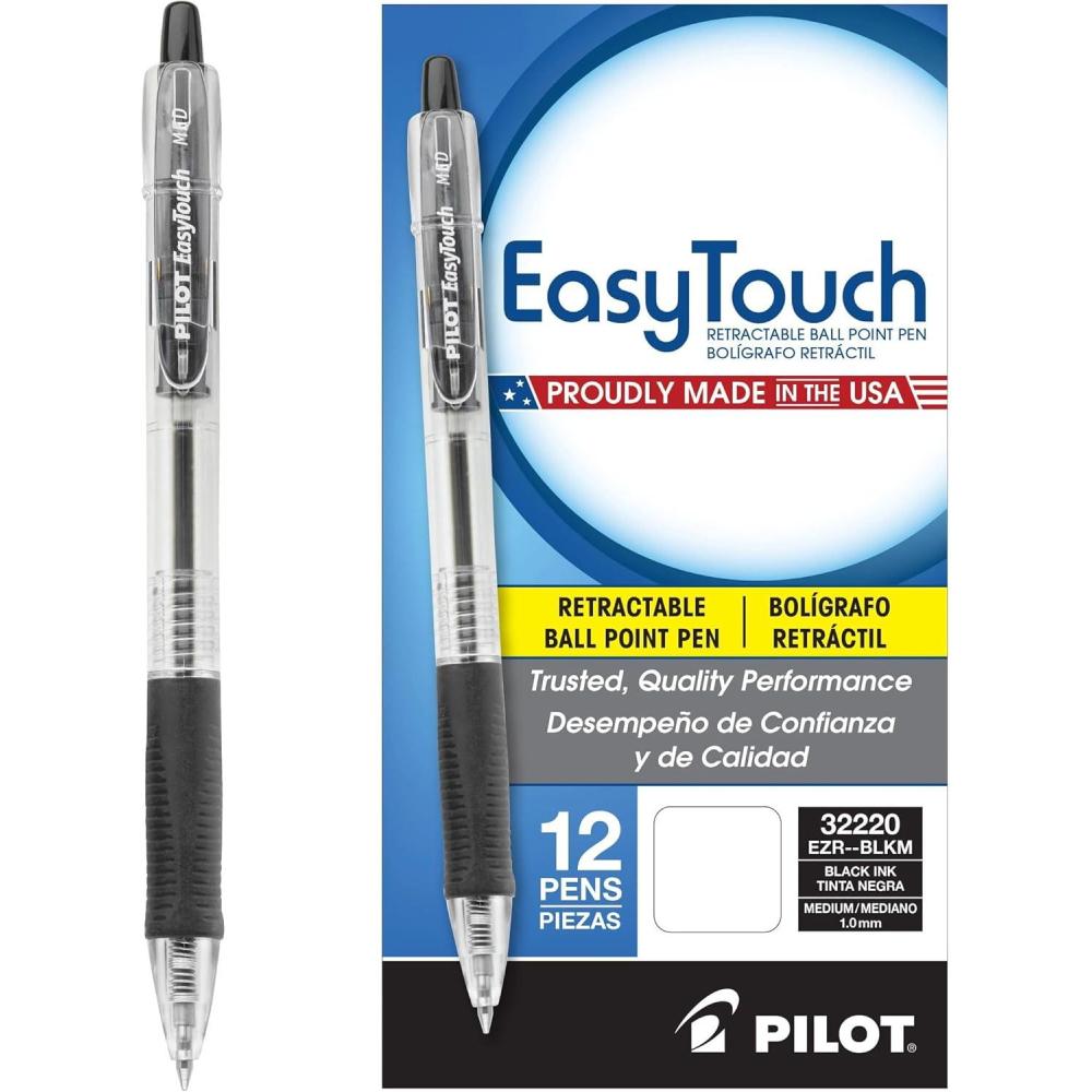 imagePILOT EasyTouch Refillable ampamp Retractable Ballpoint Pens Medium Point Black Ink 12Pack 32220Black