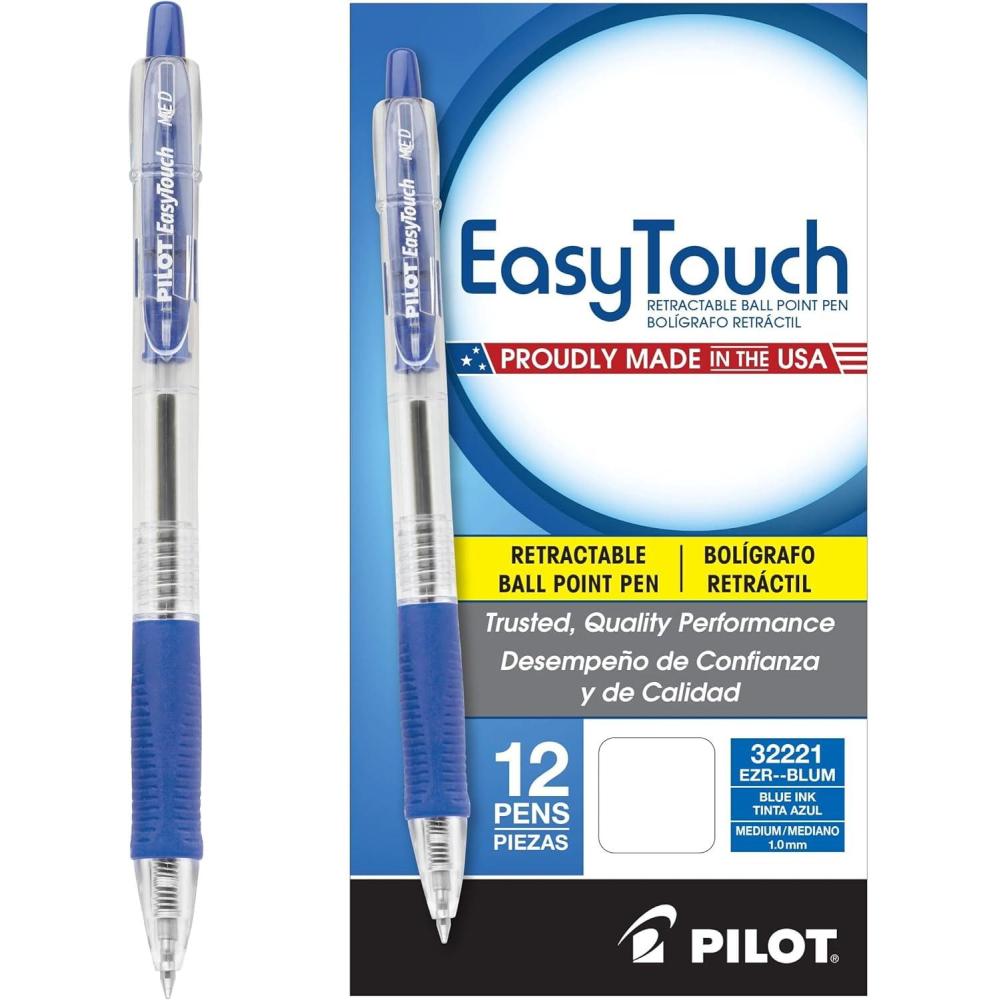 imagePILOT EasyTouch Refillable ampamp Retractable Ballpoint Pens Medium Point Black Ink 12Pack 32220Blue