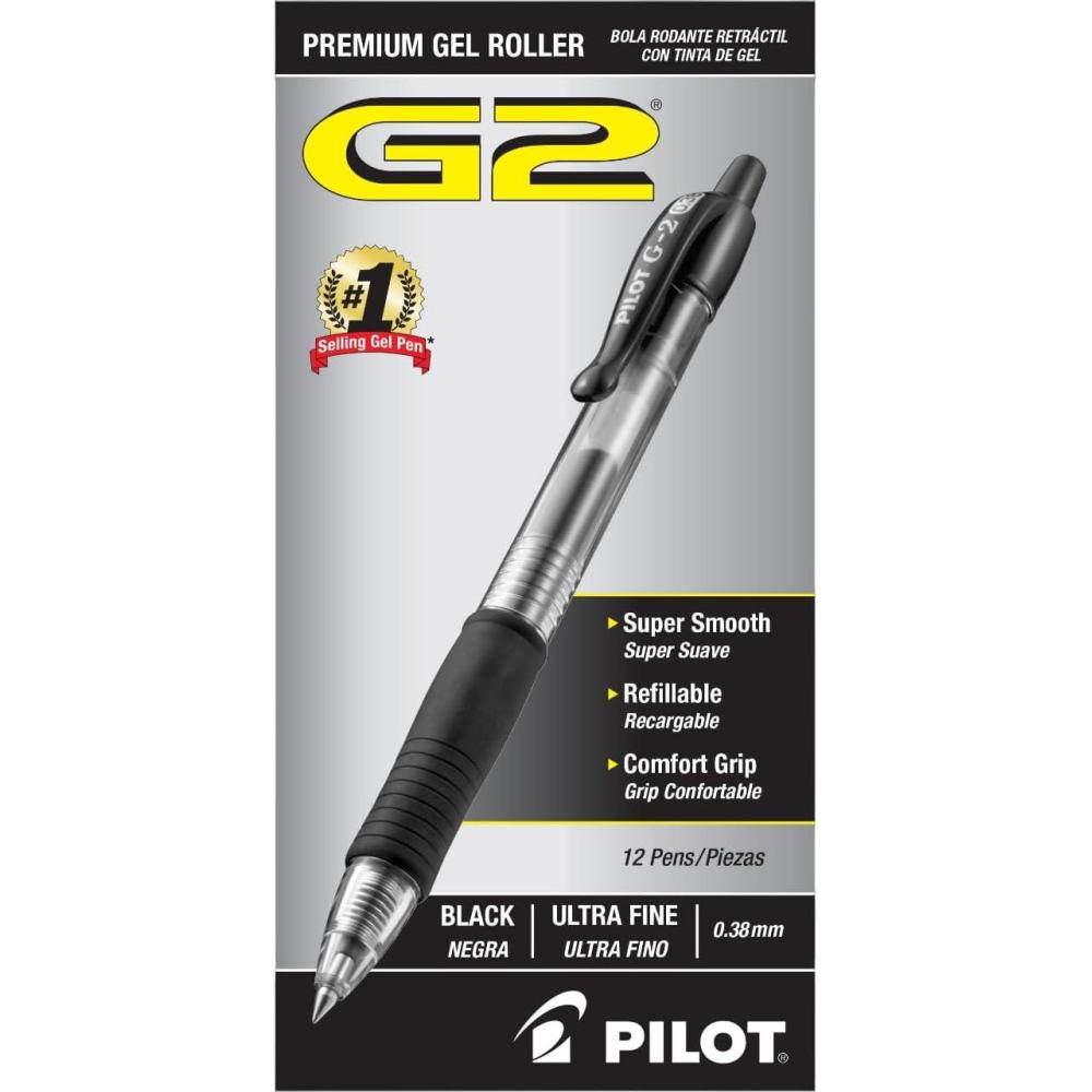 imagePILOT G2 Premium Refillable ampamp Retractable Rolling Ball Gel Pens Ultra Fine Point Red Ink 12Pack 31279Black Ink