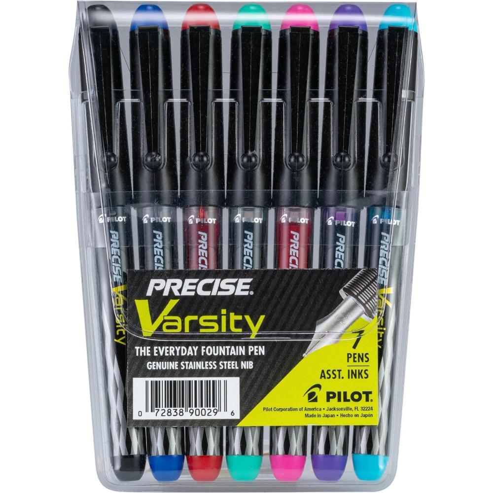 imagePILOT Pen 90029 Precise Varsity PreFilled Fountain Pens Medium Point Stainless Steel Nib BlackBlueRedPinkGreenPurpleTurquoise 7Pack PouchBlackBlueRedPinkGreenPurpleTurquoise