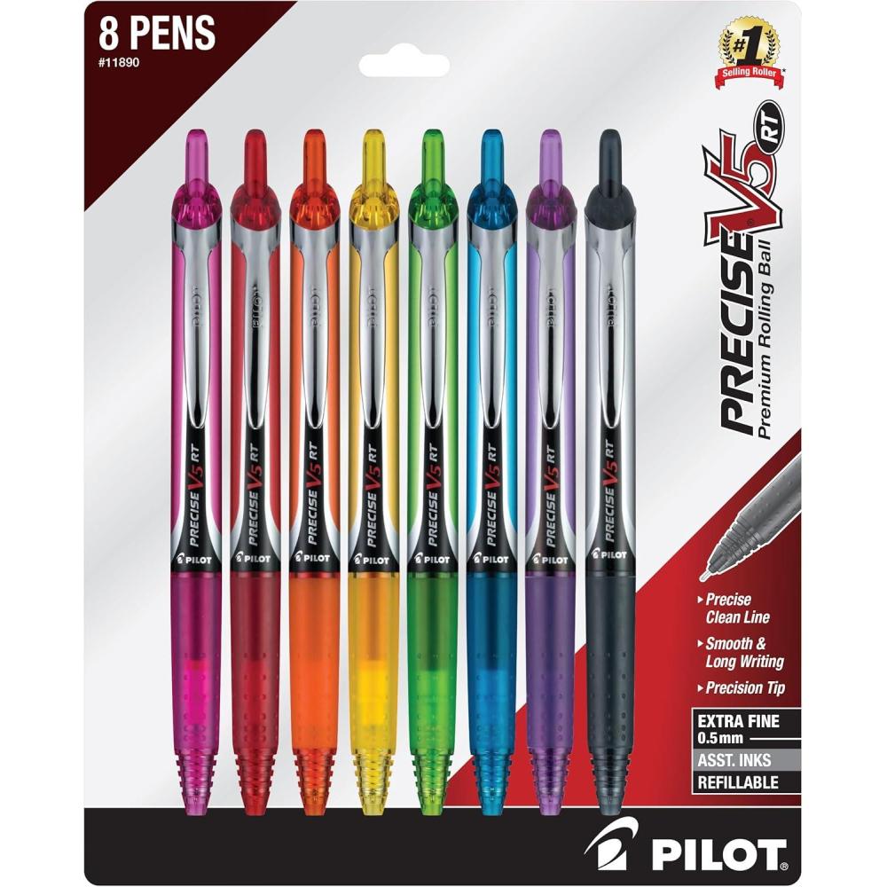imagePILOT Precise V5 RT ExtraFine Premium Retractable Rolling Ball Pens 05mm Assorted Colors 8 Count 11890Vibrant 8