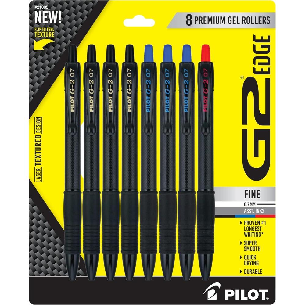 imagePilot G2 Edge Premium Gel Roller Pens Fine Point 07 mm Black Pack of 8Assorted