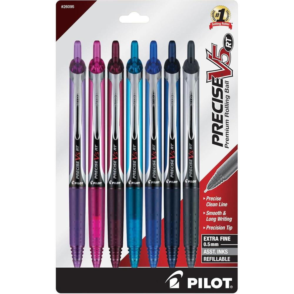 imagePilot Precise V5 RT Refillable ampamp Retractable Liquid Ink Rolling Ball Pens Extra Fine Point 05 mm Assorted Ink Colors Pack of 7Assorted