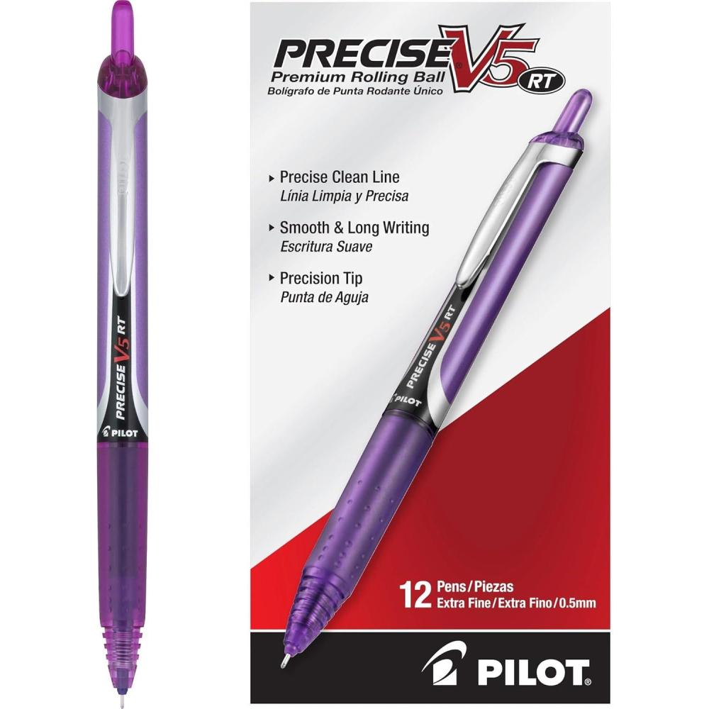 imagePilot Precise V5 RT Refillable ampamp Retractable Rolling Ball Pens Extra Fine Point 05 mm Assorted Colors Pack of 12Purple