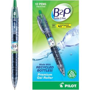 PILOT B2P – Bottle to Pen Refillable & Retractable Rolling Ball Gel Pen Made From Recycled Bottles, Fine Point, Blue G2 Ink, 12-Pack (31601)(Green)