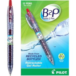 PILOT B2P – Bottle to Pen Refillable & Retractable Rolling Ball Gel Pen Made From Recycled Bottles, Fine Point, Blue G2 Ink, 12-Pack (31601)(Red)