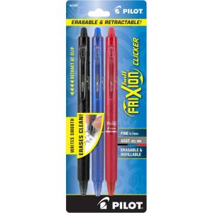 PILOT FriXion Clicker Erasable, Refillable & Retractable Gel Ink Pens, Fine Point, Black/Blue/Red Inks, 3-Pack (31467)(Gel Pens)