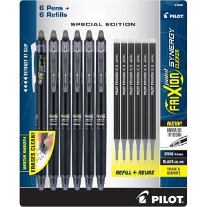 PILOT Frixion Synergy Clicker Erasable Pens, Retractable and Refillable, 0.5mm Extra Fine Point, 6 Pack of Blue Ink Pens + 6 Refills(Black)