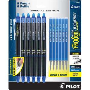 PILOT Frixion Synergy Clicker Erasable Pens, Retractable and Refillable, 0.5mm Extra Fine Point, 6 Pack of Blue Ink Pens + 6 Refills(Blue)