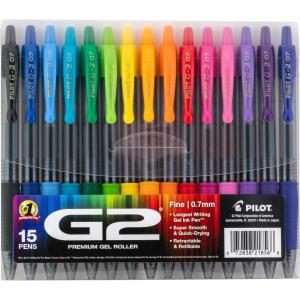PILOT, G2 Premium Gel Roller Pens, G2 Rainbow Colors Pack, 15 Pack Pouch, Fine Point 0.7 mm, Assorted