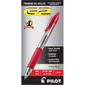 PILOT G2 Premium Refillable & Retractable Rolling Ball Gel Pens, Ultra Fine Point, Red Ink, 12-Pack (31279)(Red Ink)