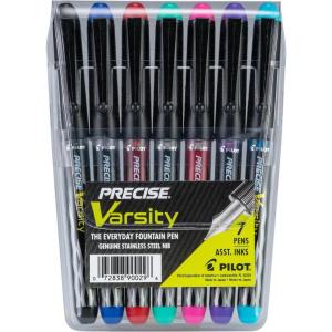 PILOT Pen 90029 Precise Varsity Pre-Filled Fountain Pens, Medium Point Stainless Steel Nib, Black/Blue/Red/Pink/Green/Purple/Turquoise, 7-Pack Pouch(Black/Blue/Red/Pink/Green/Purple/Turquoise)