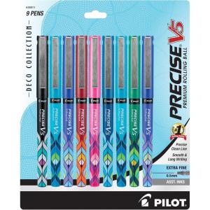 PILOT, Precise V5 Deco Collection, Capped Liquid Ink Rolling Ball Pens, Extra Fine Point 0.5 mm, Assorted Colors, Pack of 9(9 Count (Pack of 1))