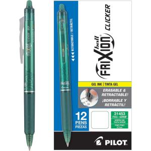 Pilot, FriXion Clicker Erasable Gel Pens, Fine Point 0.7 mm, Pack of 12, Black(Green)