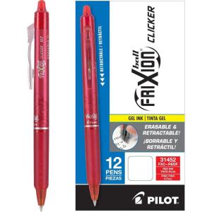 Pilot, FriXion Clicker Erasable Gel Pens, Fine Point 0.7 mm, Pack of 12, Black(Red)