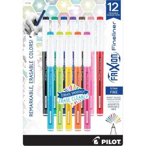 Pilot, FriXion Fineliner Erasable Marker Pens, Fine Point .7 mm, Pack of 12, Assorted Colors(Vivid 12)