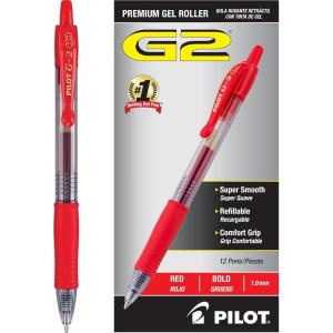 Pilot G2 Premium Gel Pens, Black Pens, Bold Point 1 mm, 12 Black(Red Ink)