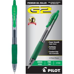 Pilot, G2 Premium Gel Roller Pens, Fine Point 0.7 mm, Purple, Pack of 12(Green Ink)