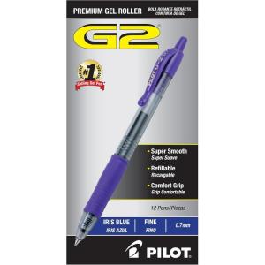 Pilot, G2 Premium Gel Roller Pens, Fine Point 0.7 mm, Purple, Pack of 12(Iris Blue Ink)
