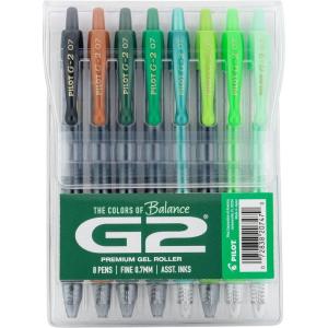 Pilot, G2 Premium Gel Roller Pens, G2 Boost Greens Pack, The Colors of Balance, 8 Pack Pouch, Fine Point 0.7 mm, Assorted(Assorted Green)