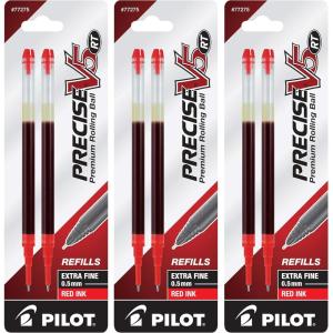 Pilot, Precise V5 RT Liquid Ink Refills, Extra Fine Point 0.5 mm, Black, Pack of 6(Red)