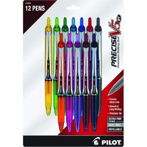 Pilot, Precise V5 RT Refillable & Retractable Rolling Ball Pens, Extra Fine Point 0.5 mm, Assorted Colors, Pack of 12(Assorted)