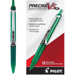 Pilot, Precise V5 RT Refillable & Retractable Rolling Ball Pens, Extra Fine Point 0.5 mm, Assorted Colors, Pack of 12(Green)