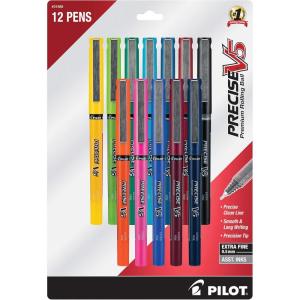 Pilot Precise V5 Rollerball Pens, Extra Fine Point 0.5 mm Black Pen, Black, Pack of 12(Assorted)