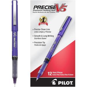 Pilot Precise V5 Rollerball Pens, Extra Fine Point 0.5 mm Black Pen, Black, Pack of 12(Purple)