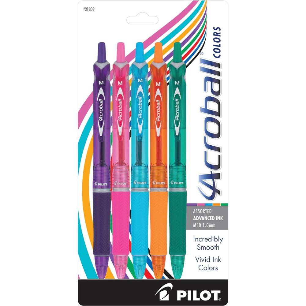 imagePILOT Acroball Colors Advanced Ink Refillable ampamp Retractable Ball Point Pens Medium Point Blue Ink 12Pack 31811PurplePinkTurquoiseOrangeGreen