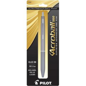 PILOT Acroball 1000 Ultra-Premium Refillable & Retractable Ball Point Pen, Black Barrel, Fine Point, Black Ink, Single Pen (13635)(Grey Barrel)