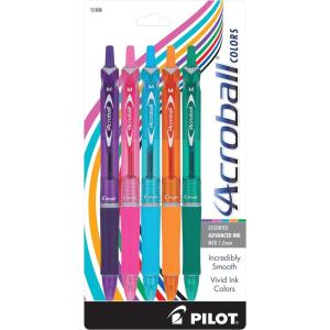 PILOT Acroball Colors Advanced Ink Refillable & Retractable Ball Point Pens, Medium Point, Blue Ink, 12-Pack (31811)(Purple/Pink/Turquoise/Orange/Green)