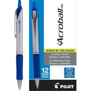 PILOT Acroball Pro Advanced Ink Refillable & Retractable Ball Point Pens, Medium Point, Blue Ink, 12-Pack (31911)(Blue)