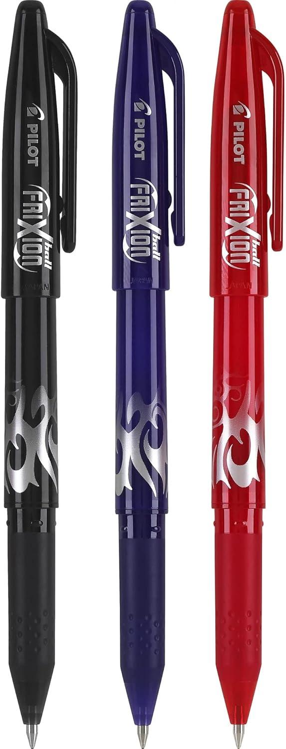 imagePilot FriXion Ball Erasable ampamp Refillable Gel Ink Pens Fine Point 07 mm Pack of 3 BlackBlackBlueRed