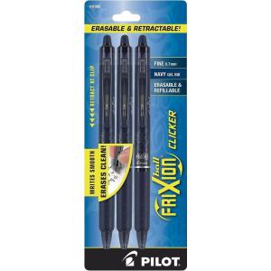 PILOT FriXion Clicker Erasable, Refillable & Retractable Gel Ink Pens, Fine Point, Pink/Purple/Turquoise Inks, 3-Pack (31469)(Navy)