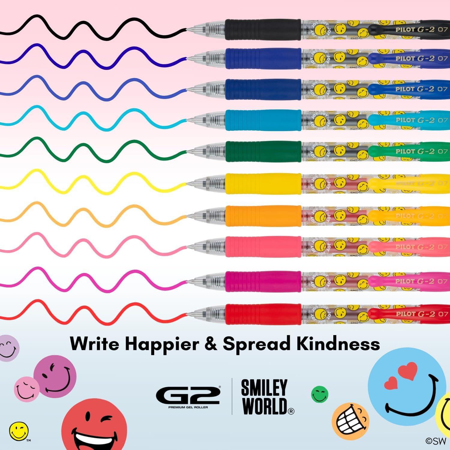 imagePILOT G2 Premium Gel Roller Pens G2 x SmileyWorld Collection Write Happier 10 Pack Pouch Fine Point 07 mm Assorted