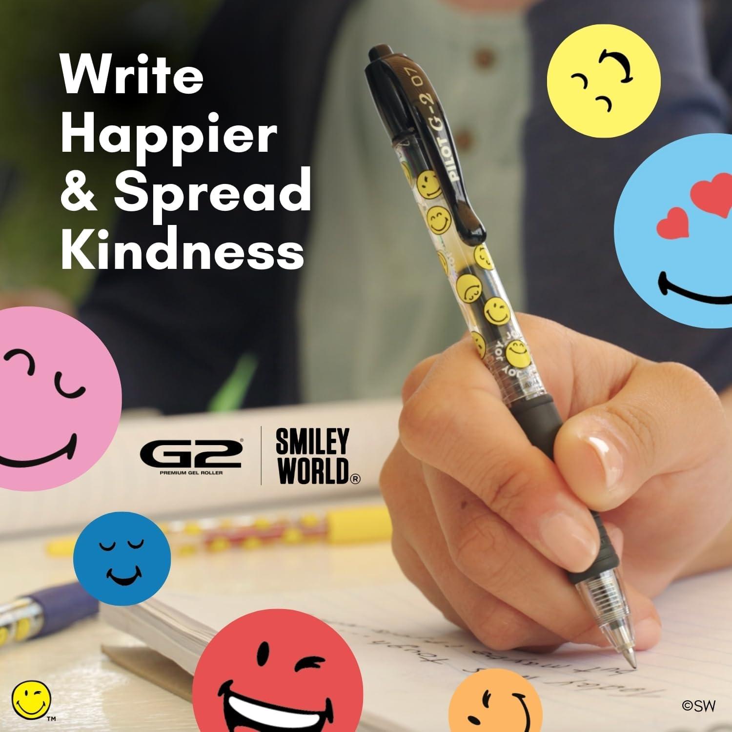 imagePILOT G2 Premium Gel Roller Pens G2 x SmileyWorld Collection Write Happier 10 Pack Pouch Fine Point 07 mm Assorted