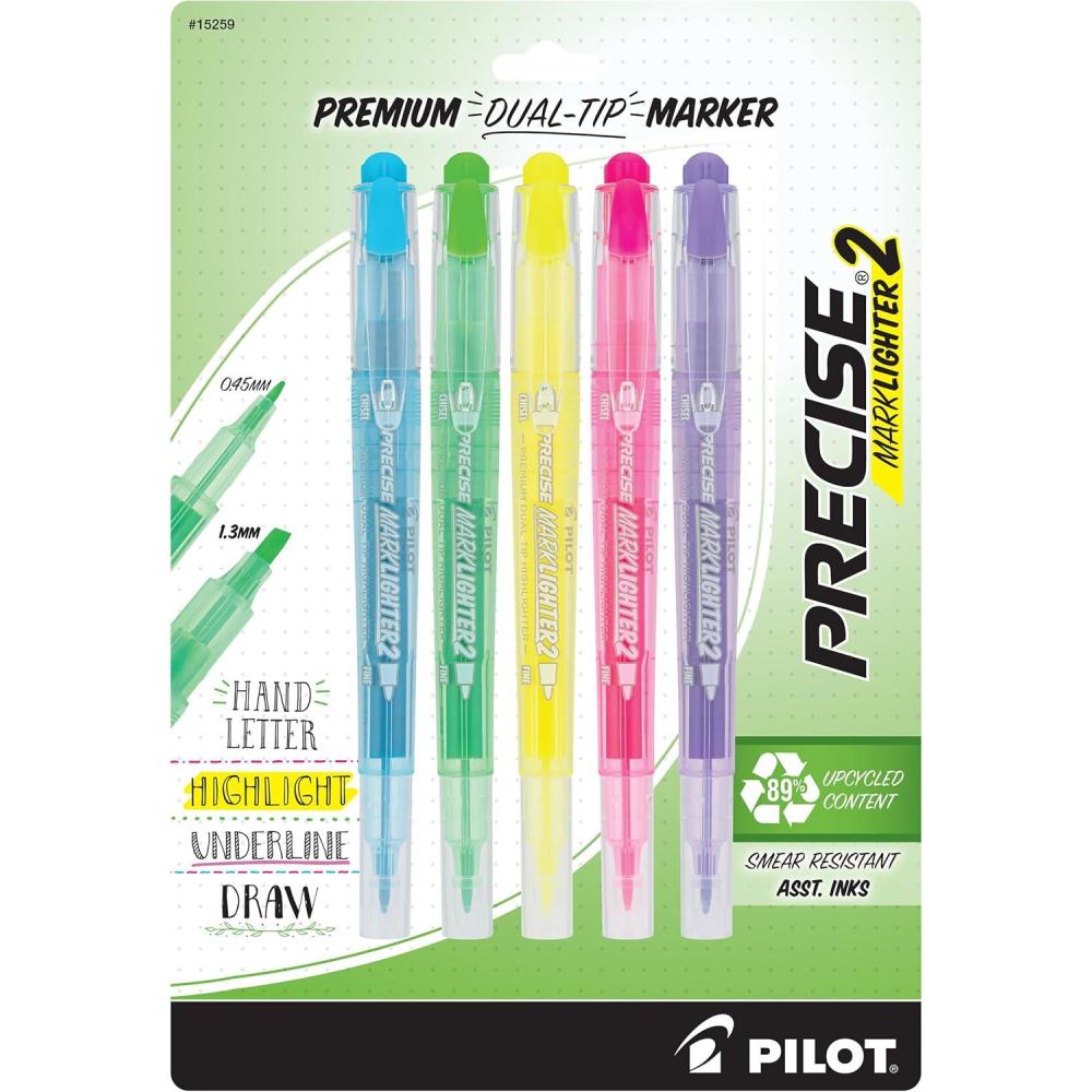 imagePILOT Precise Marklighter2 Dual Tip Highlighters Broad Chisel and ExtraFine Bullet Point Tips Assorted Colors Pack of 105Pack