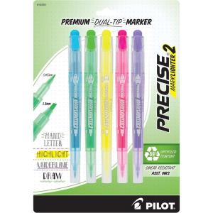 PILOT, Precise Marklighter2 Dual Tip Highlighters, Broad Chisel and Extra-Fine Bullet Point Tips, Assorted Colors, Pack of 10(5-Pack)