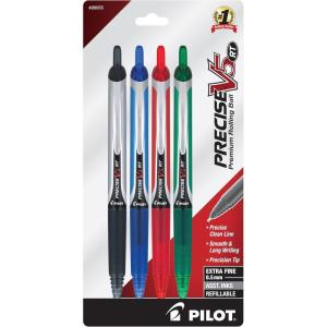 Pilot Precise V5 RT Refillable & Retractable Rolling Ball Pens, Extra Fine Point Pens, 0.5 mm, Black/Blue/Red/Green, Pack of 4 – Ideal for School, Journaling & Office Writing(V5 Retractable)