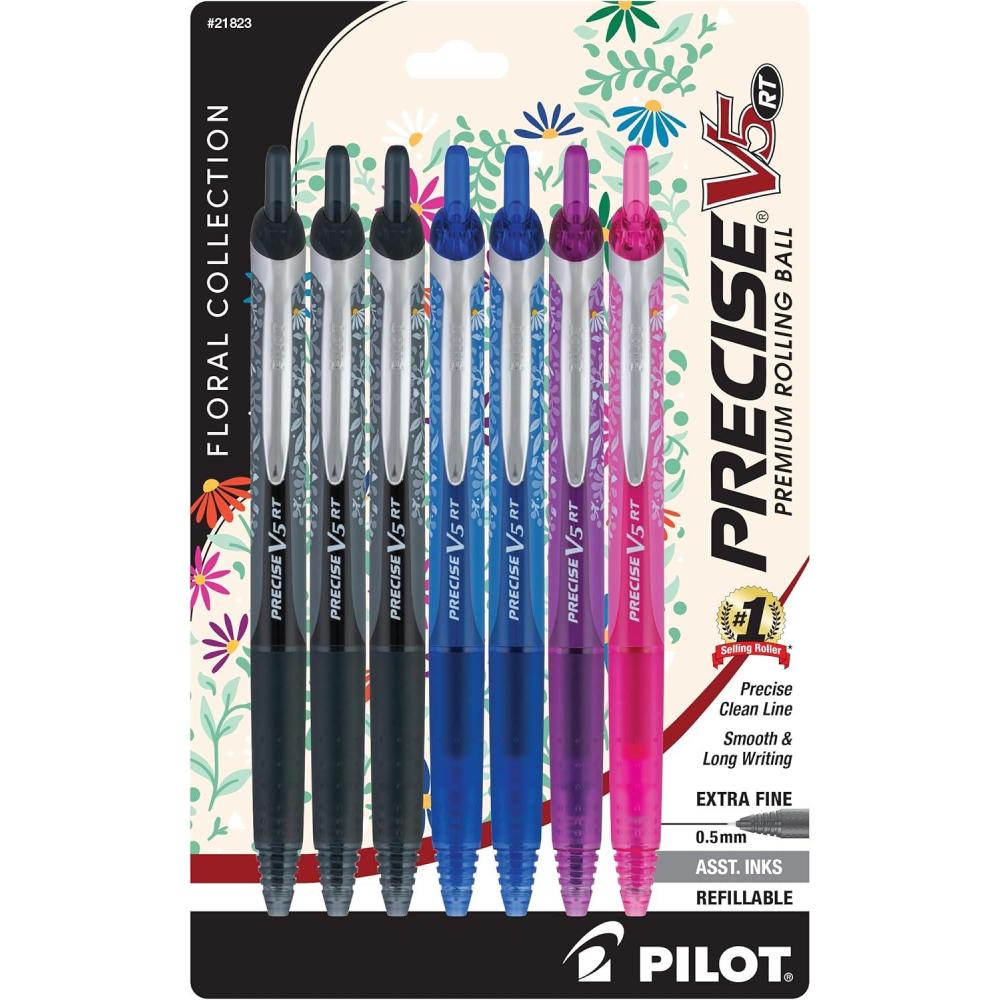imagePILOT Precise Premium Rolling Ball Pens Floral Collection Extra Fine Point 05 mm 7 Pack UltraSmooth Writing Assorted Designs