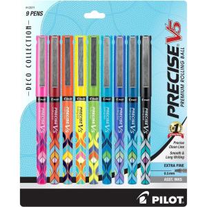 Pilot Precise V5 Capped Liquid Ink Rollerball Pens, Deco Collection, Extra Fine Point Ink Pens 0.5 mm, Colored Pens, Assorted Colors, Pack of 9 – Ideal for School, Journaling, & Office Writing