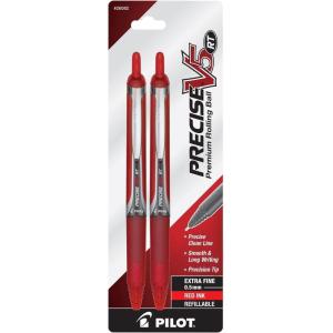 Pilot Precise V5 RT Refillable & Retractable Rollerball Pens, Extra Fine Point Pens 0.5 mm, Red, Pack of 2 – Ideal for School, Journaling & Office Writing