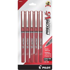 Pilot Precise V5 Rollerball Pens, Extra Fine Point 0.5 mm Black Pens, Black, Pack of 5 – Ideal for School, Journaling & Office Writing(Red)