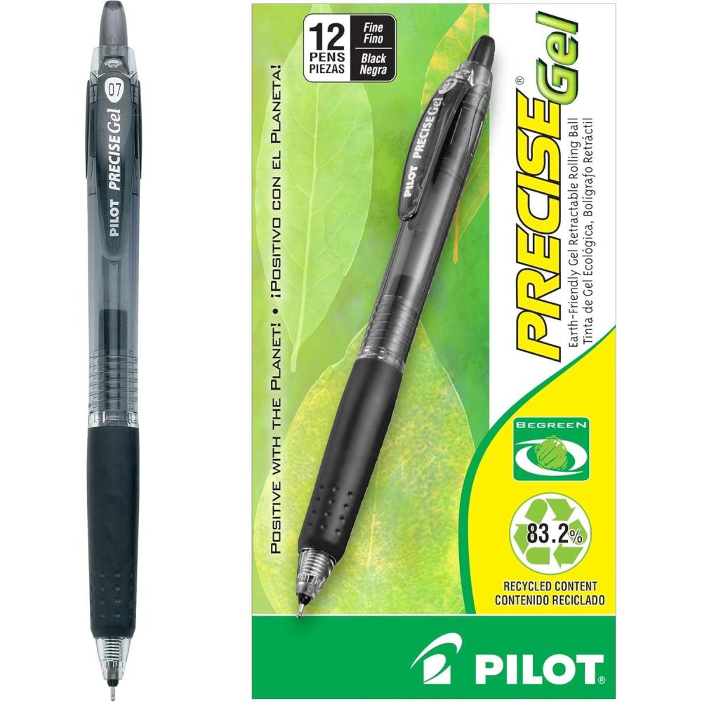 imagePilot Precise BeGreen Refillable ampamp Retractable Gel Roller Pens Fine Point 07 mm Black Pack of 12Black